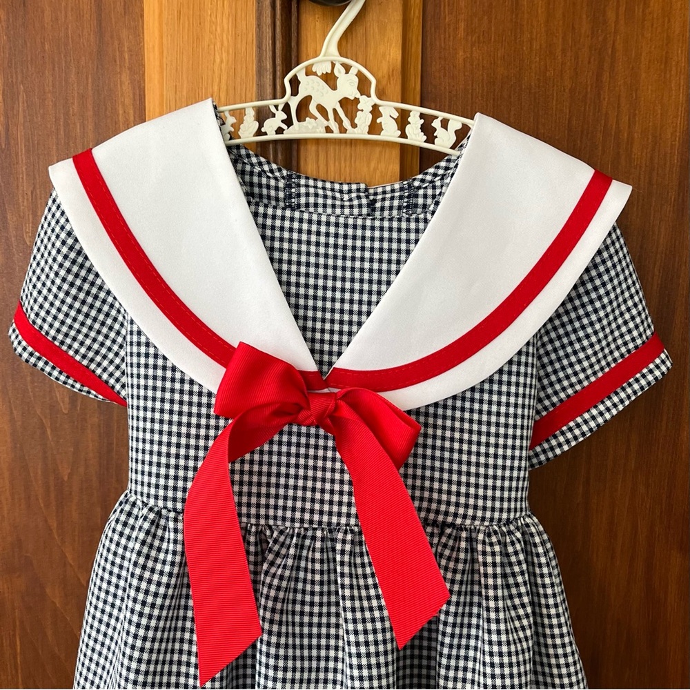Vintage Girls Navy Gingham Sailor Dress with Red Bow and Trim Size 5 - Picture 4 of 6